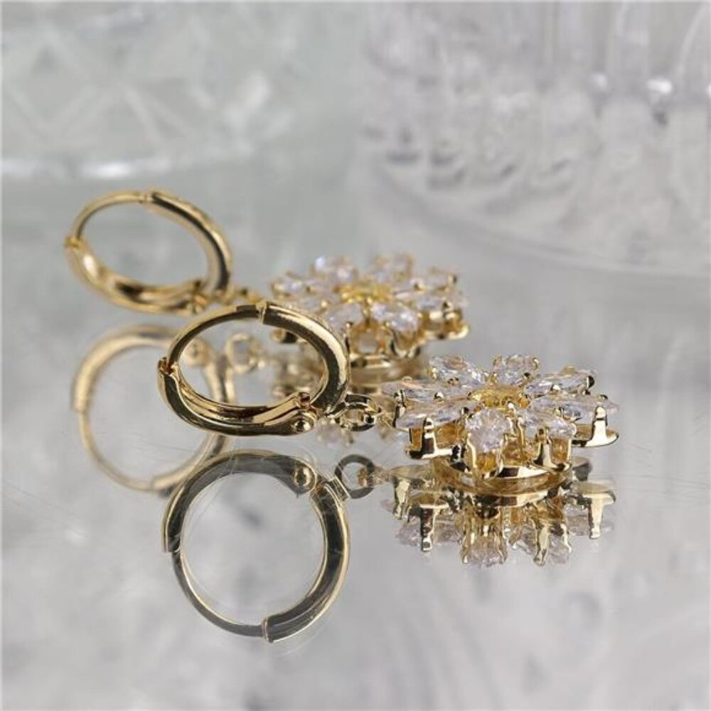 Daisy Flower Hoop Earrings | 14K Gold Plated CZ Dangle Hoops - Picture 6 of 6
